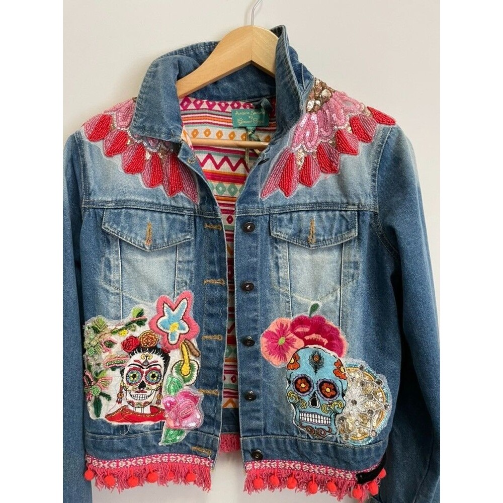 Antica Santoria by Giacomo Cinque Women's Denim Funky Jacket Beaded Skull Sz M.